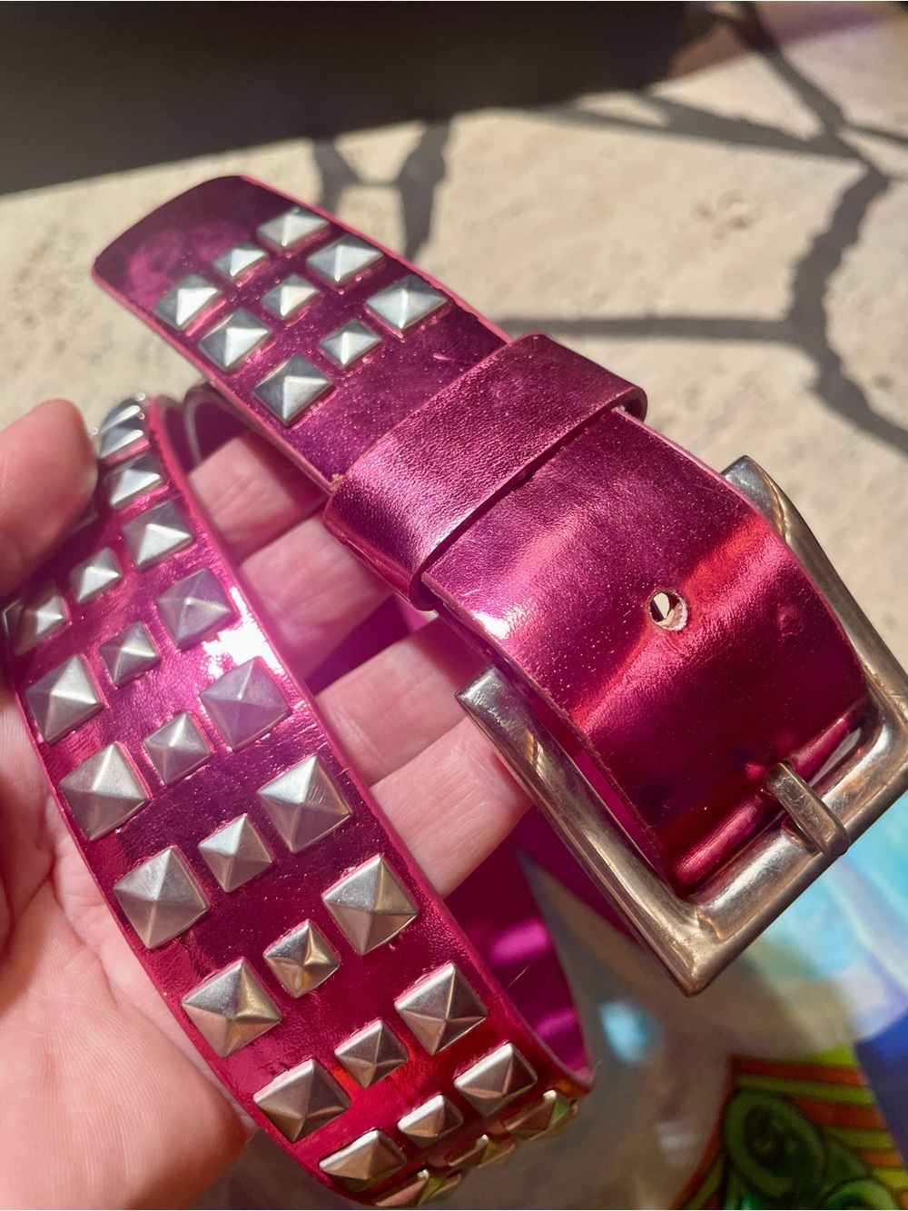 Studded Metallic Leather Pink Women's Belt